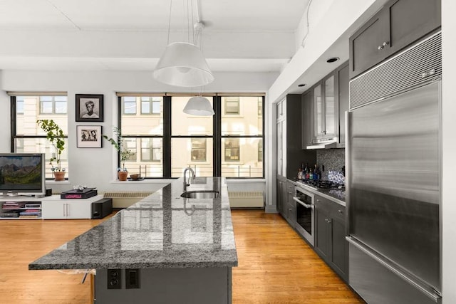 1 Main St Unit 7H, New York City, NY 11201 - kitchen with a sink, light wood-type flooring, an island with sink, stainless steel appliances, and stone countertops