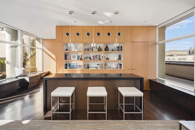 200 E 66th St Unit A301, New York City, NY 10065 - bar featuring expansive windows, dark wood-type flooring, and pendant lighting