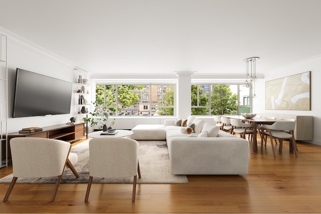 living room with crown molding, healthy amount of natural light, and wood finished floors