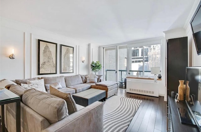 22 W 15th St Unit 8D, New York City, NY 10011 - living area featuring radiator, crown molding, and dark wood-style flooring