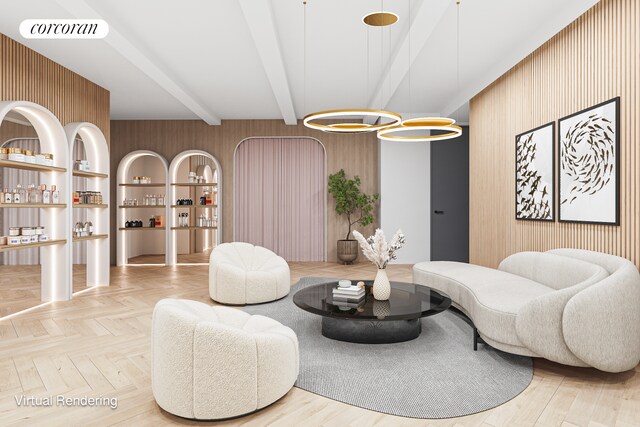 67 Park Ave Unit 1A, New York City, NY 10016 - sitting room with wood walls and beam ceiling