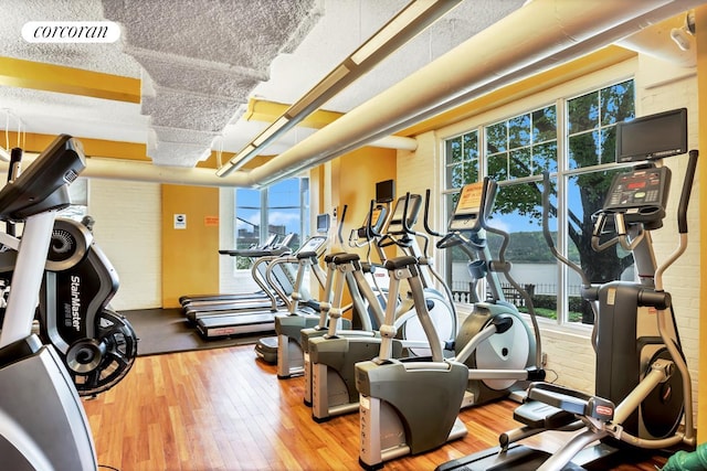 workout area with wood-type flooring, a wealth of natural light, and visible vents