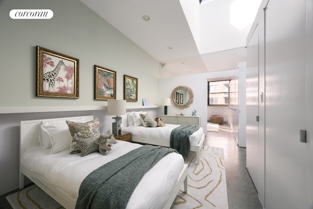 carpeted bedroom featuring recessed lighting, high vaulted ceiling, and visible vents