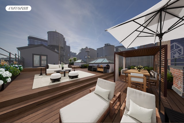 wooden deck with outdoor dining area, french doors, and an outdoor hangout area