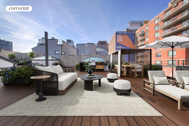 wooden terrace with a city view and an outdoor living space