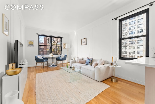 living room featuring light wood-type flooring, crown molding, and baseboards