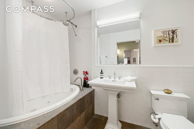 57 Front St Unit 303, New York City, NY 11201 - bathroom featuring tile walls and a combined bath / shower with jetted tub