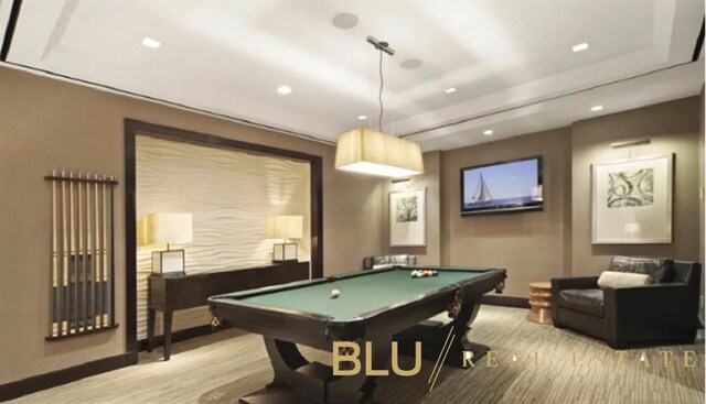 100 Riverside Blvd Unit 23-D, New York City, NY 10069 - rec room featuring pool table, recessed lighting, wood finished floors, and a raised ceiling