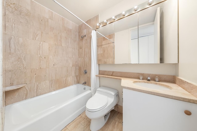 bathroom with shower / bath combination with curtain, vanity, and toilet