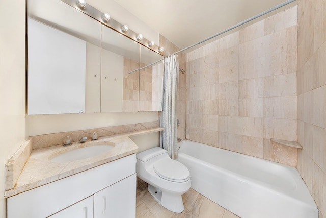 full bath featuring shower / tub combo, toilet, and vanity