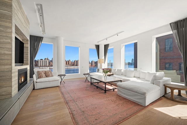 1 John St Unit 9D, New York City, NY 11201 - living area with a view of skyline, a large fireplace, light wood finished floors, and track lighting