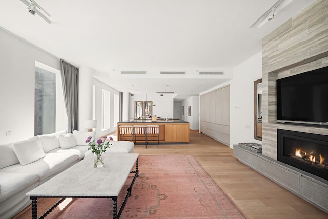 1 John St Unit 9D, New York City, NY 11201 - living area featuring light wood-style floors and a fireplace