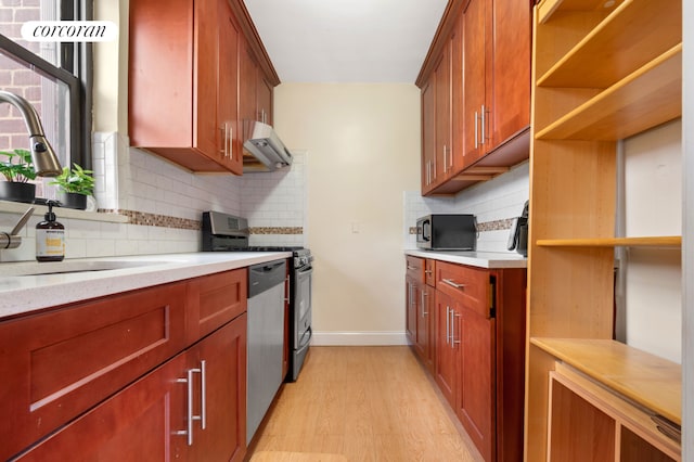 kitchen featuring open shelves, light wood-style floors, decorative backsplash, under cabinet range hood, and stainless steel dishwasher