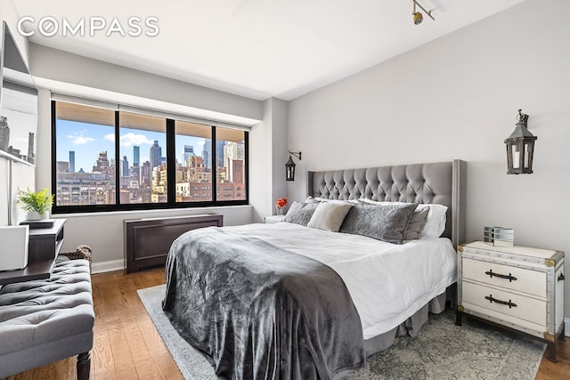 bedroom featuring a view of skyline, wood finished floors, and baseboards
