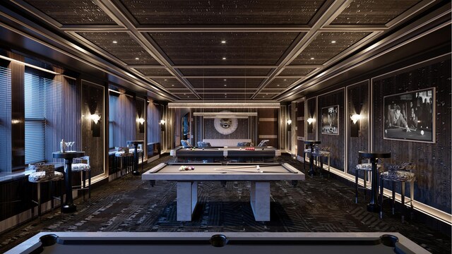 cinema room with carpet flooring, billiards, and coffered ceiling
