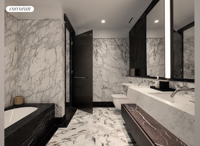 full bath with a bath, a sink, tile walls, toilet, and recessed lighting
