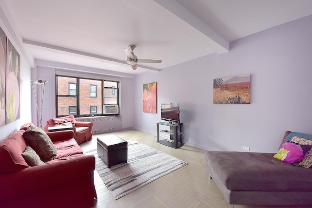 living area featuring cooling unit, radiator heating unit, beam ceiling, and ceiling fan