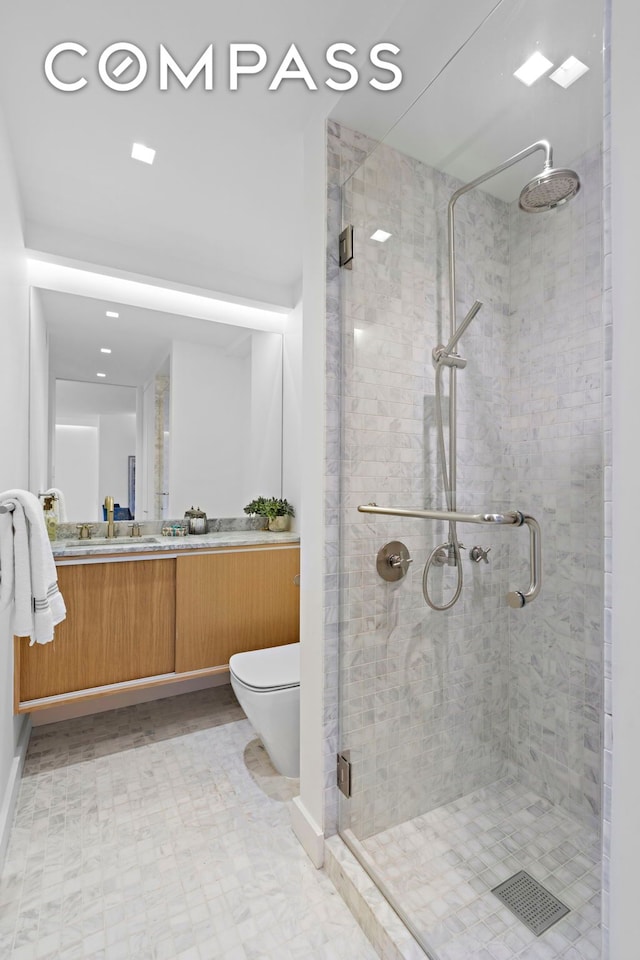 full bath with a shower stall, toilet, vanity, and recessed lighting