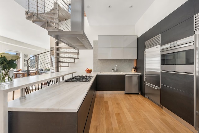 165 Hudson St Pha, Pha, New York City, NY 10013 - kitchen featuring stainless steel appliances, modern cabinets, a sink, light wood-style flooring, and a high ceiling