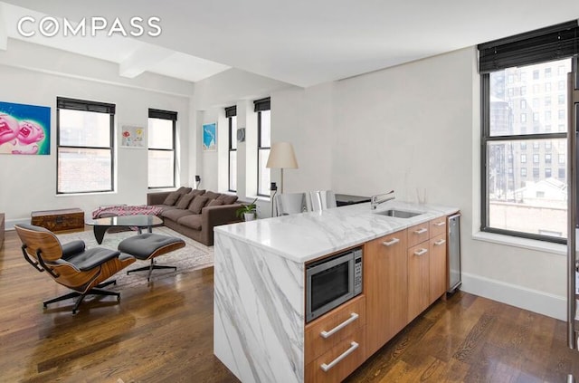 kitchen with stainless steel microwave, a peninsula, dark wood finished floors, light stone countertops, and healthy amount of natural light