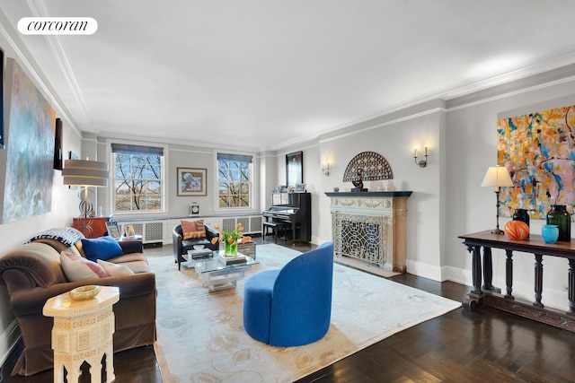 living room with visible vents, ornamental molding, and a high end fireplace