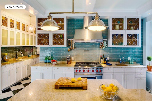 kitchen featuring crown molding, a sink, backsplash, and high end stainless steel range oven