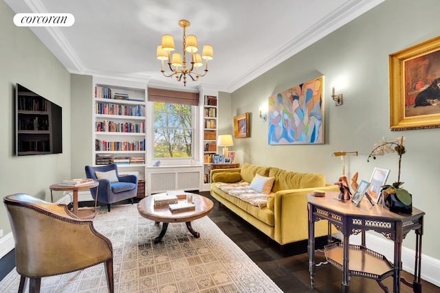 sitting room featuring visible vents, built in shelves, a chandelier, radiator, and ornamental molding