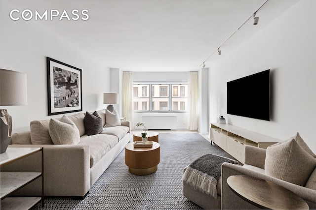 living room featuring rail lighting and carpet flooring
