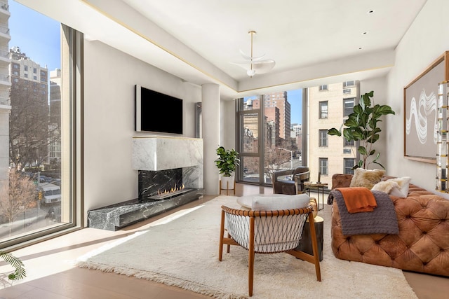 living room with a high end fireplace and healthy amount of natural light