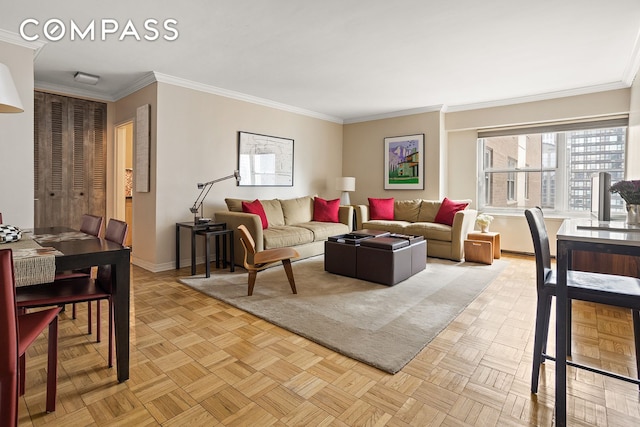 118 E 60th St Unit 31A, New York City, NY 10022 - living area featuring baseboards and crown molding