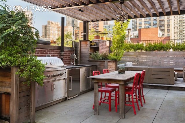 304 E 82nd St, New York City, NY 10028 - view of patio with exterior kitchen, a sink, a pergola, a city view, and a grill