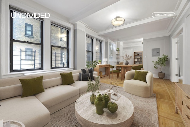 130 E 94th St Unit 2-E, New York City, NY 10128 - living area featuring crown molding, electric panel, and beam ceiling