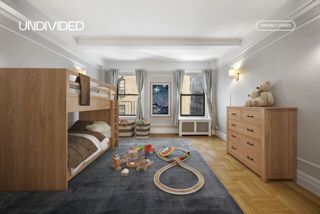 130 E 94th St Unit 2-E, New York City, NY 10128 - bedroom featuring radiator, beam ceiling, and crown molding
