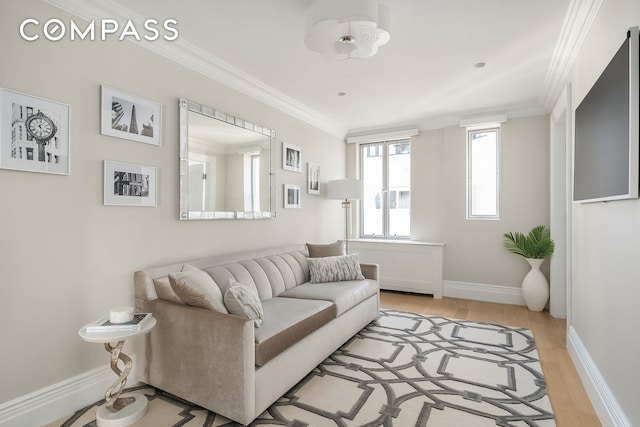 living area featuring baseboards, ornamental molding, and light wood-type flooring