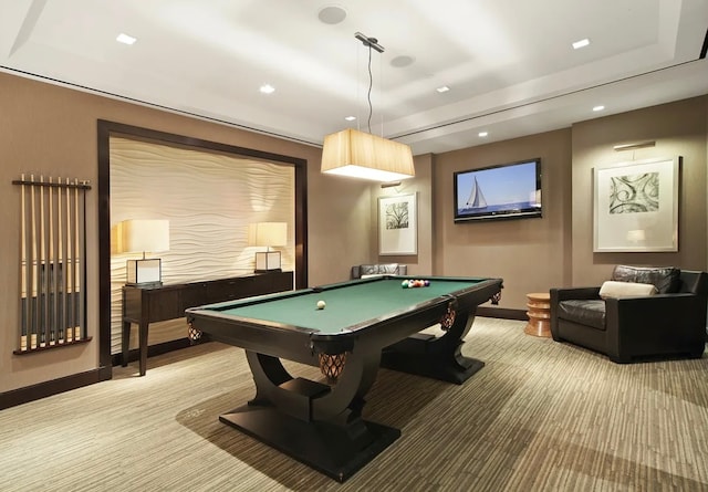 recreation room with carpet floors, billiards table, baseboards, and recessed lighting