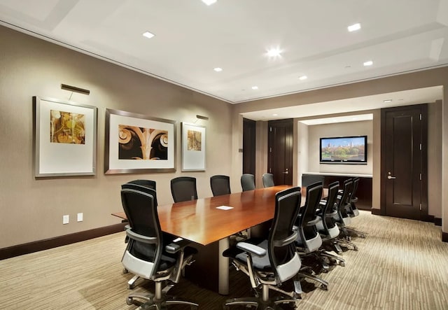 office space with light carpet, baseboards, and recessed lighting
