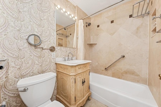 bathroom with tile walls, toilet, shower / bathtub combination with curtain, and vanity