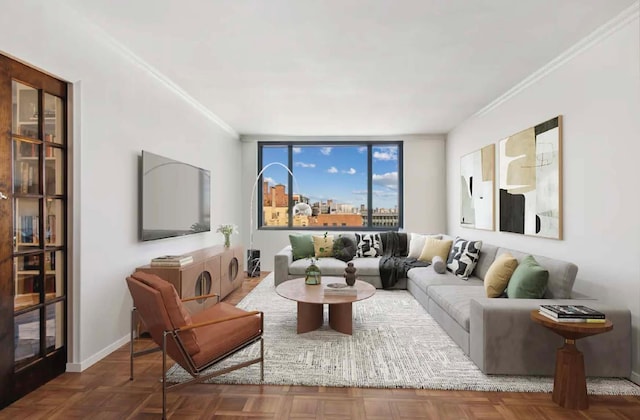115 E 87th St Unit 18A, New York City, NY 10128 - living room featuring ornamental molding and baseboards