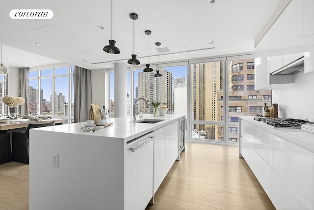 kitchen with a sink, modern cabinets, a city view, and dishwasher