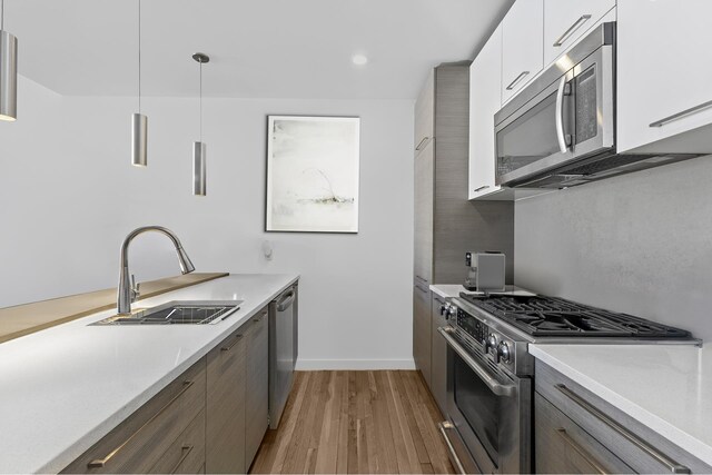 kitchen featuring appliances with stainless steel finishes, a sink, light wood finished floors, light countertops, and modern cabinets