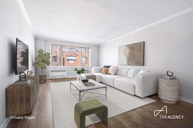225 E 76th St Unit 5A, New York City, NY 10021 - living area with radiator heating unit, ornamental molding, wood finished floors, and baseboards