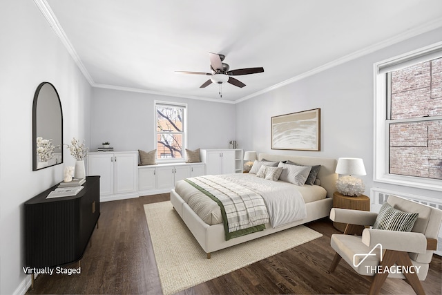 225 E 76th St Unit 5A, New York City, NY 10021 - bedroom with crown molding, dark wood-type flooring, a ceiling fan, and radiator heating unit