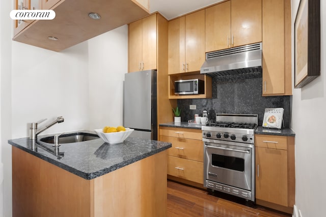 58 W 58th St Unit 24B, New York City, NY 10019 - kitchen with tasteful backsplash, a sink, appliances with stainless steel finishes, dark wood-style floors, and under cabinet range hood