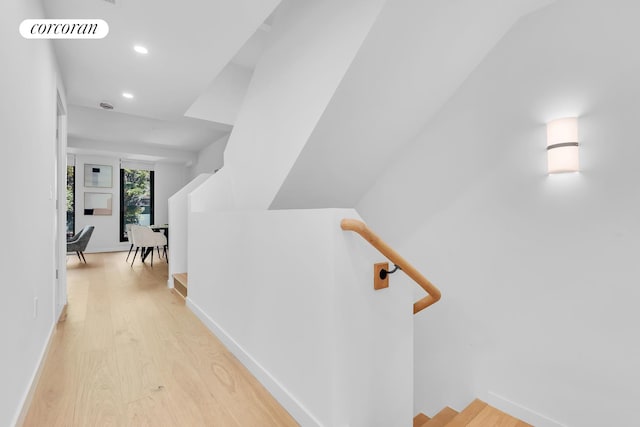 28 Huntington St, New York City, NY 11231 - corridor with light wood-style flooring, recessed lighting, an upstairs landing, and baseboards
