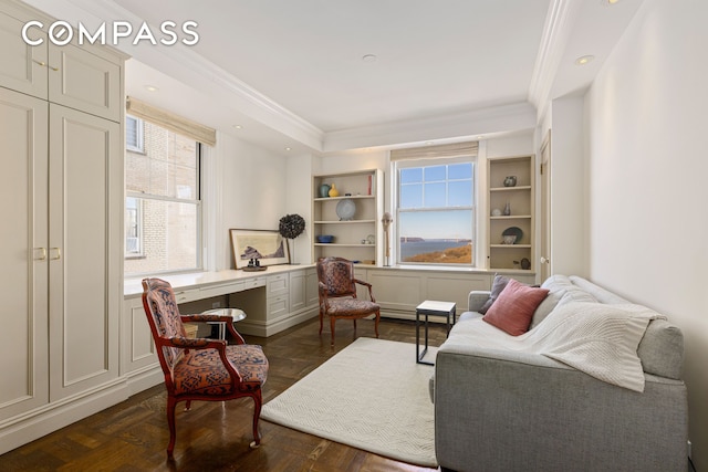 sitting room featuring recessed lighting and ornamental molding