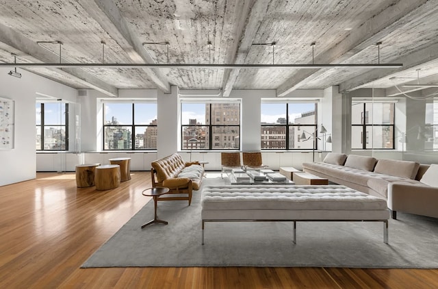 205 W 19th St Unit 11, New York City, NY 10011 - living room featuring wood finished floors, healthy amount of natural light, and beamed ceiling