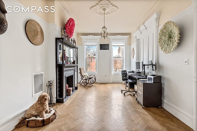 480A Mac Donough St, New York City, NY 11233 - home office featuring a fireplace, baseboards, and crown molding