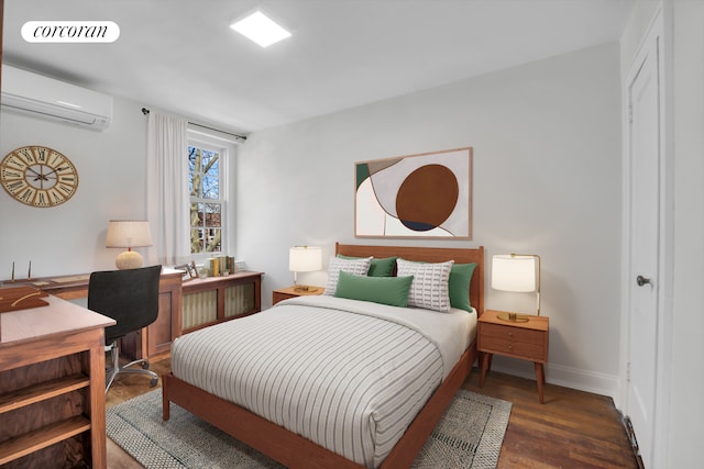 39-39 46th St, New York City, NY 11104 - bedroom with an AC wall unit, baseboards, wood finished floors, and visible vents