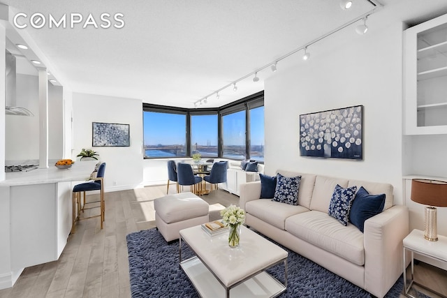 415 E 37th St Unit 32G, New York City, NY 10016 - living area featuring rail lighting and light wood-style flooring
