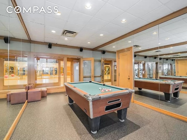 rec room featuring pool table, a paneled ceiling, and recessed lighting